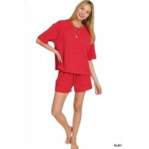 Zenana Raised Rib Short Sleeve Tee and Drawstring Shorts Set
